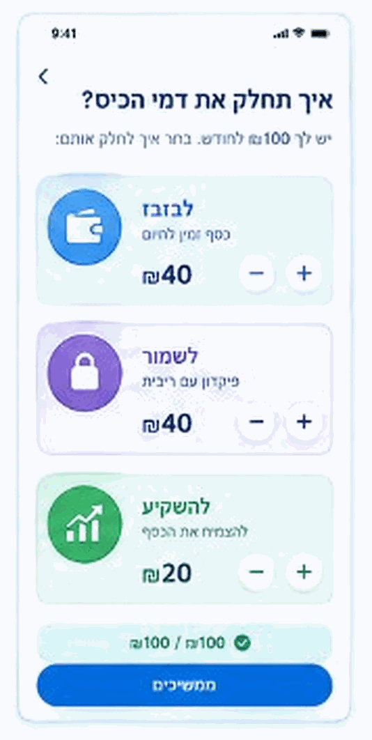 מסך חלוקת דמי כיס לשלושה מסלולים: לבזבז, לשמור, להשקיע